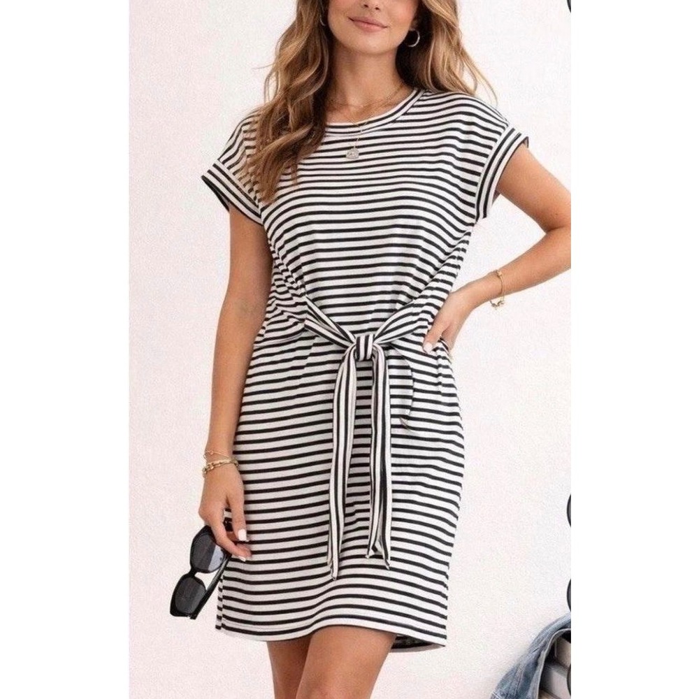 J.Crew T-Shirt Dress Striped Cotton Black White Front Tie Coastal Nautical Large